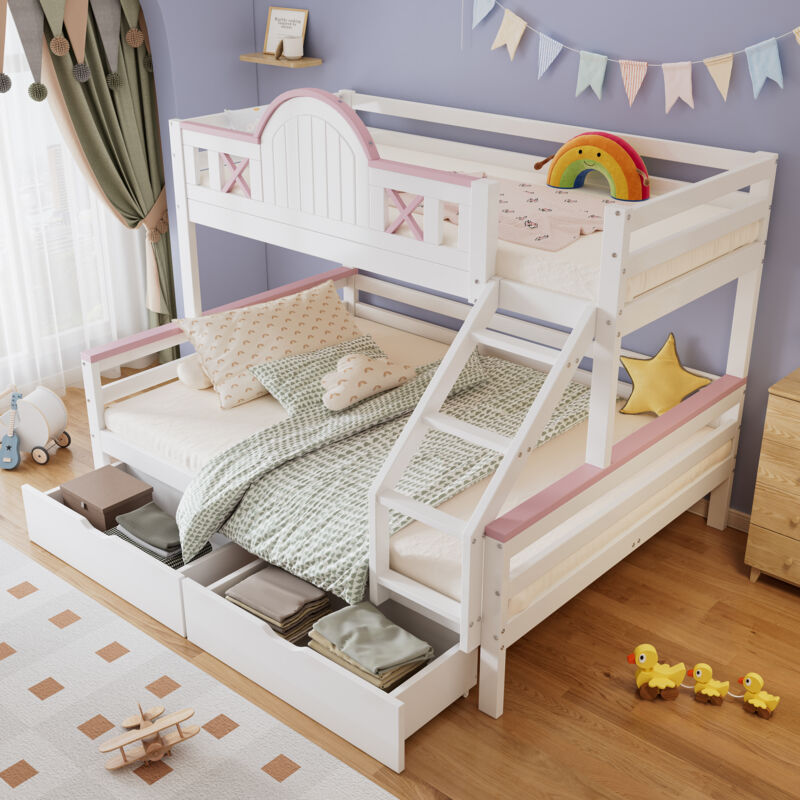 Okwish - Lit superposé 90/140x200 cm lit enfant avec grille antichute, deux tiroirs et échelle, en pin + mdf, blanc + rose