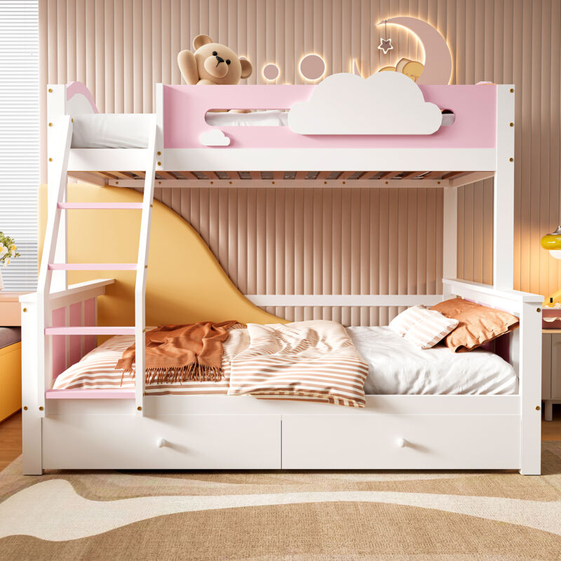 Redom - Lit superposé, lit enfant, avec grille antichute de couleur contrastée, avec fenêtre, avec décoration nuage, avec échelle inclinée à quatre