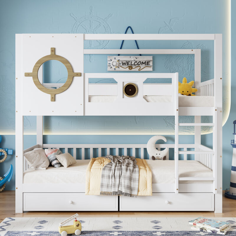 Redom - Lit superposé, lit enfant, lit enfant avec toit et fenêtre, avec grille antichute, garde-corps stable, deux tiroirs à roulettes, beaucoup