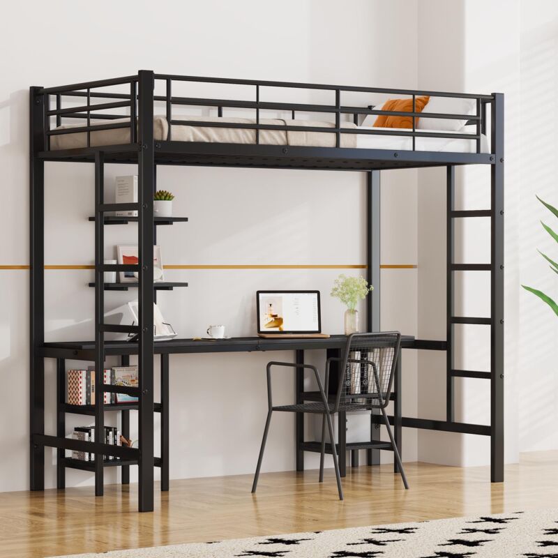 Hauss Spole - Lit superposé lit mezzannie enfant 90 x 200 cm en fer avec table et étagères, noir