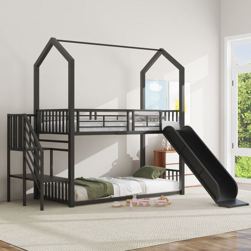 Lit superposé-Lit superposé 90200 cm, lit à cadre en fer avec escalier coulissant, modélisation de maison, stable et fiable, noir