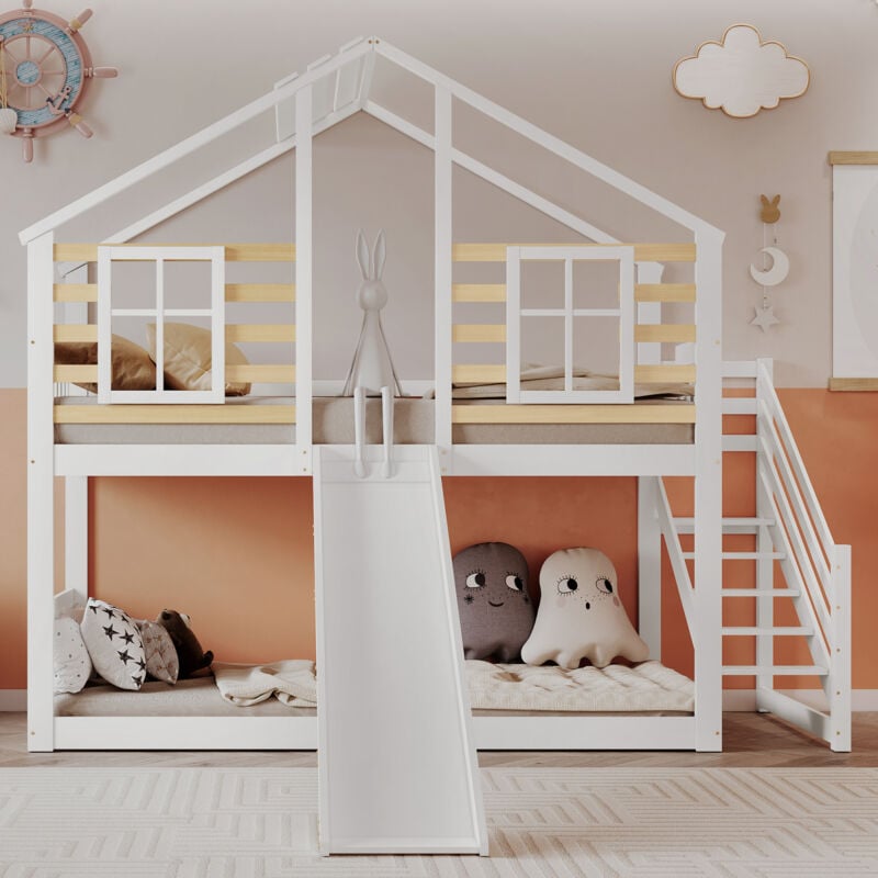Lit superposé, lit superposé enfant, lit cabane enfant avec toboggan et escalier, bois massif, 90 x 200 cm, blanc