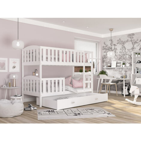 Lit  superposé  LUNA 80X160 cm - 2 Matelas , 2 Sommiers et Tiroir inclus Blanc