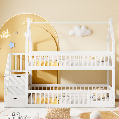 Lit Superposé Maison 90x200cm - Avec Échelle à Tiroirs & Porte - Pour Enfant, Chambre - Blanc