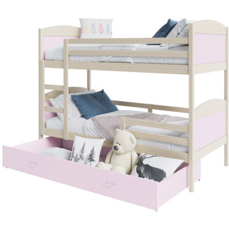 Lit Superposé Mateo 90x190 tiroir + Matelas Pin - rose