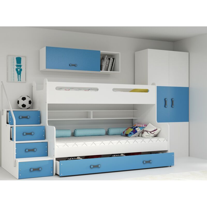 Lit Superposé Max 3 200x80, 200x120 Escalier Sommier & , 5 Tiroirs, Charge Max 100 kg -Sans matelas (bleu)