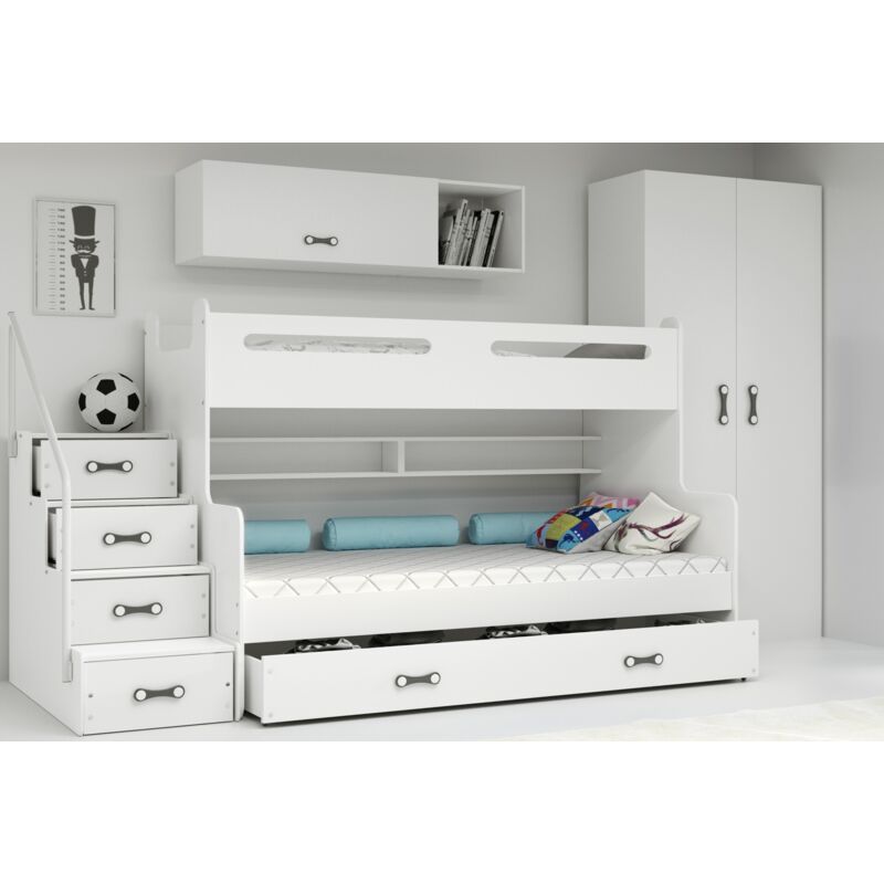 Lit Superposé Max 3 200x80, 200x120 Escalier Sommier & , 5 Tiroirs, Charge Max 100 kg -Sans matelas(blanc)