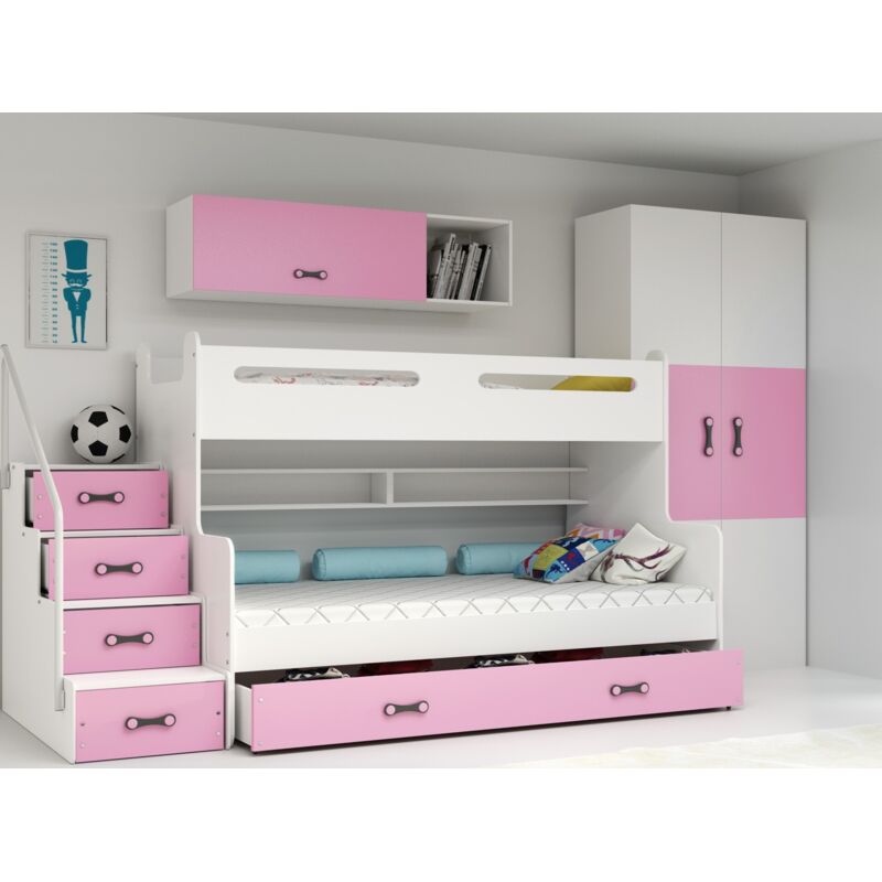 Lit Superposé Max 3 200x80, 200x120 Escalier Sommier & , 5 Tiroirs, Charge Max 100 kg- Sans matelas (rose)