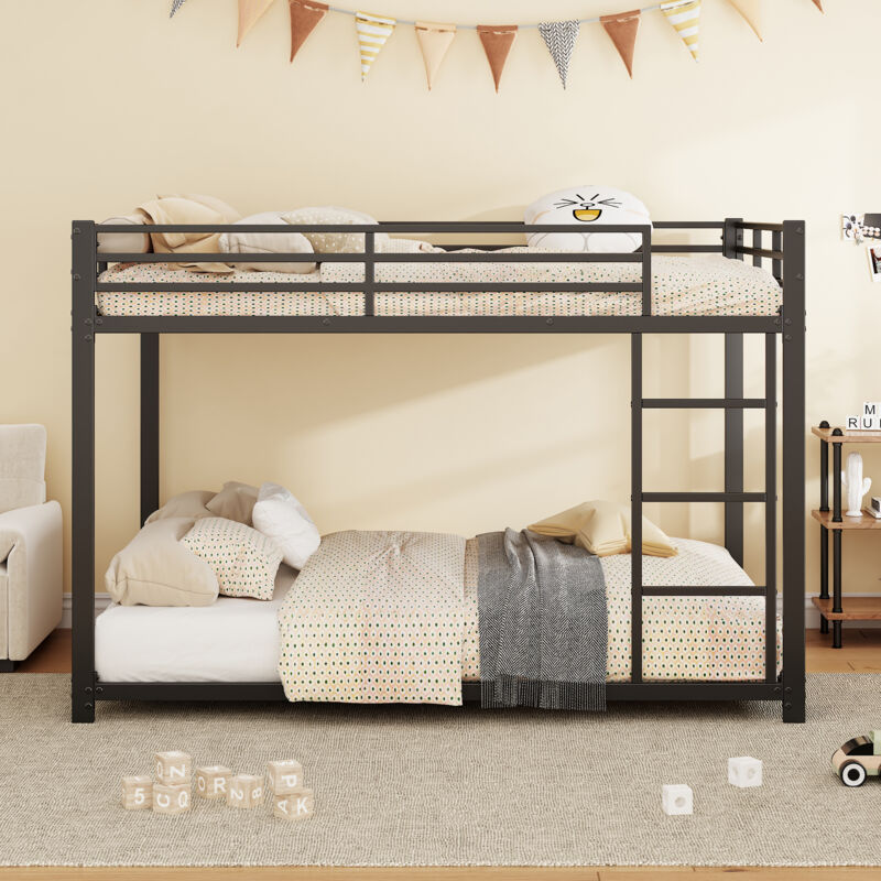 Lit Superposé Métal 140x200 cm avec Barrières Sécurité et Sommier 23 Lattes - Capacité 120kg - Structure Renforcée Noir - Pour Enfants