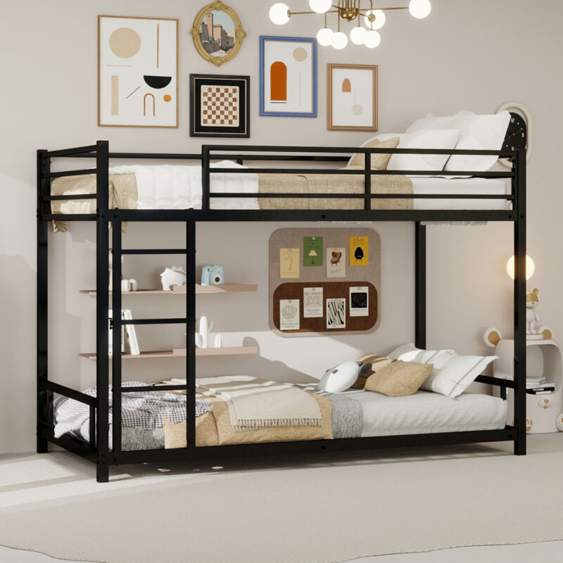 Lit Superposé Métal 2 Places - Cadre Fer Renforcé Noir 197x98cm - Échelle Intégrée Sécurisée - Sans Sommier - Idéal Chambres Enfants