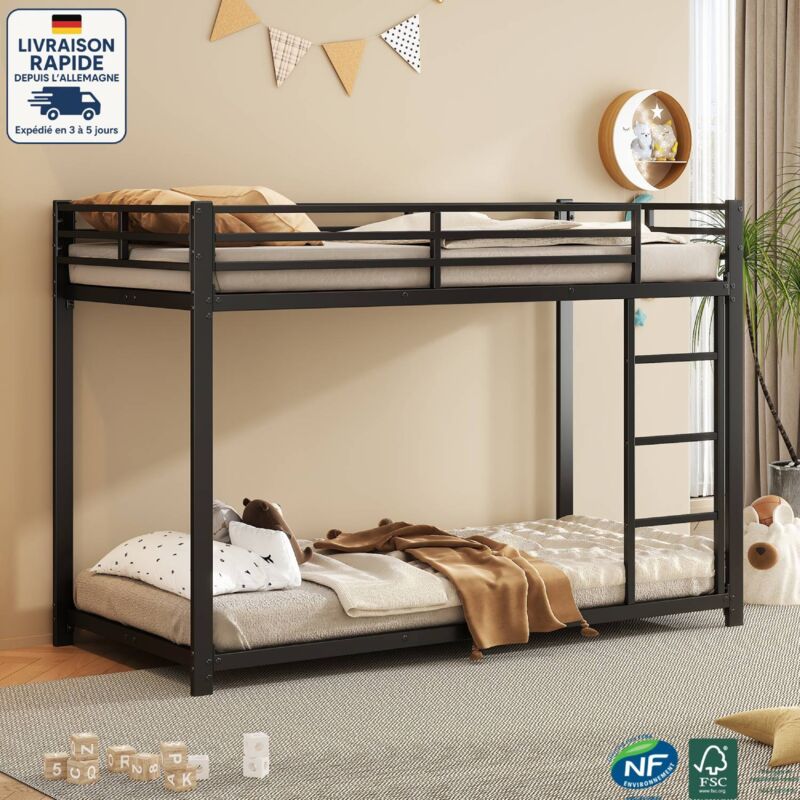 Lit superposé 90x200cm, métal, lit enfant, sans matelas, minimaliste / épuré-lit double, noir