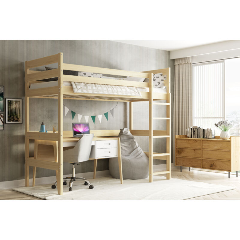 Lit mezzanine haut en bois massif de pin naturel – Dimensions 90x200 cm – Barrière de sécurité – Sommier inclus – Fabrication européenne
