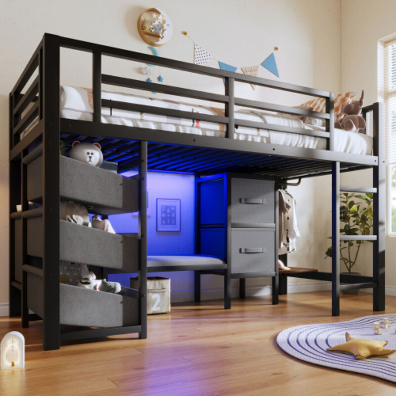 Lit superposé mi-haut 90x200cm - avec 2 tiroirs - avec poches de rangement en tissu - avec lumière LED - noir (matelas non inclus)