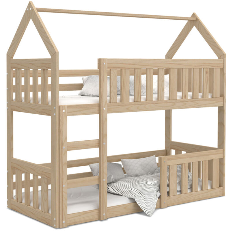 Lit superposé cabane 90 x 190 cm – 2 sommiers en pin – Vernis écologique non toxique – Barrière de sécurité – Auto assemblage - MILY 90 X