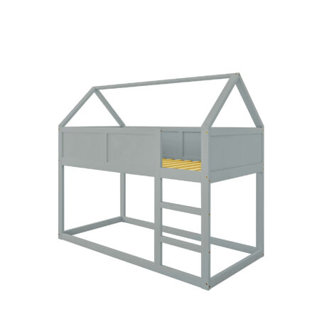 Lit superposé modulaire pour enfants, en bois massif gris, avec escalier et sommier à lattes, peu encombrant, multifonctionnel et facile à monter