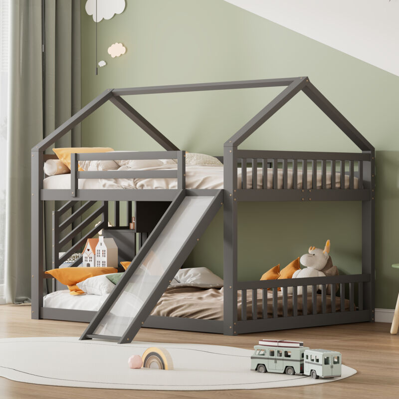 Modernluxe - Lit superposé pour enfant 140x200cm - avec escalier de rangement et toboggan - Gris