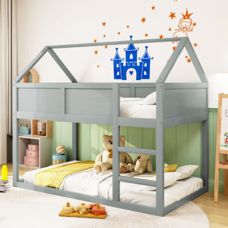 Lit superposé pour enfant, 90  200 cm, lit superposé bas simple, lit mezzanine avec escalier, cadre en bois massif, gris.