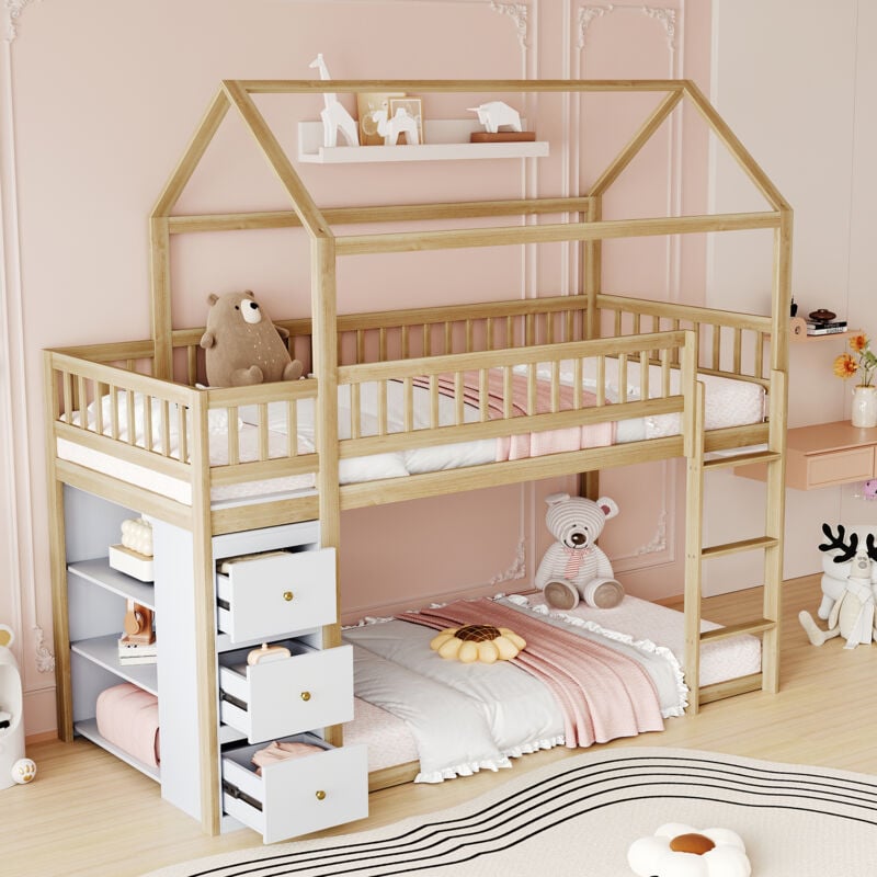 Lit superposé 90x200 cm lit enfant cabane 2 places avec échelle, coffre de rangement et étagères, clôture de sécurité, en bois massif, couleur bois