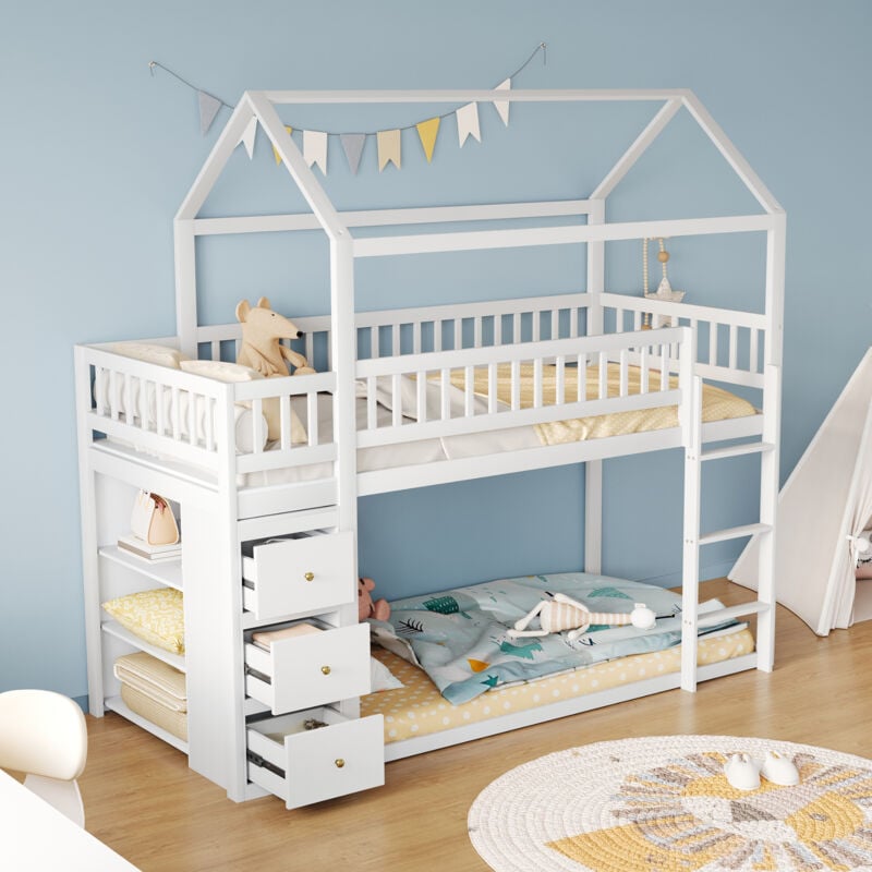 Lit superposé pour enfant 90 x 200 cm, lit mezzanine bas avec échelle, coffre de rangement et étagères, forme de maison, conception de clôture de