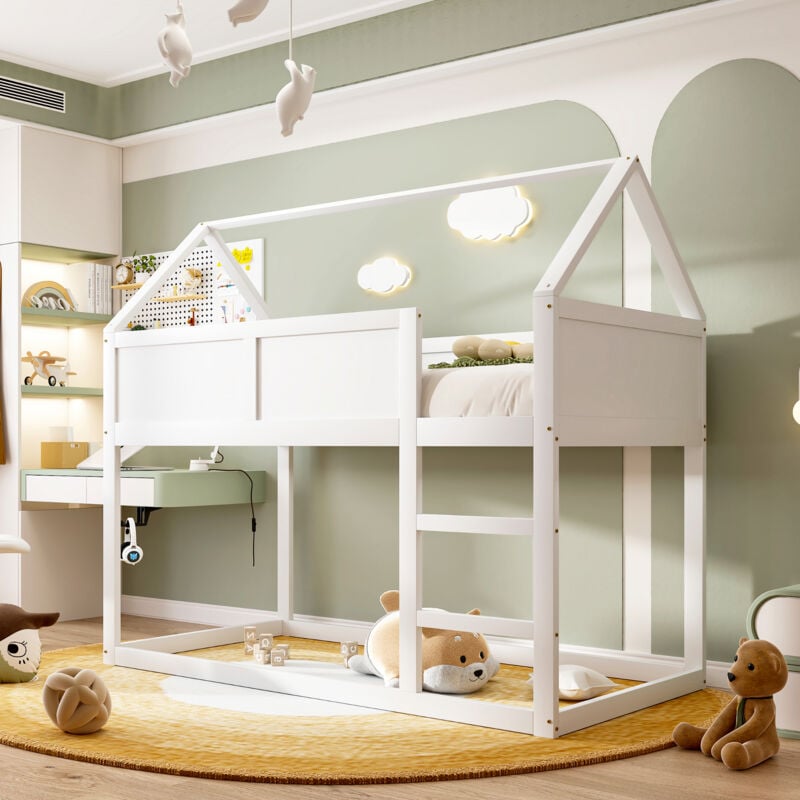 Redom - Lit superposé enfant 90200 cm lit superposé bas lit mezzanine avec escalier cadre en bois massif blanc