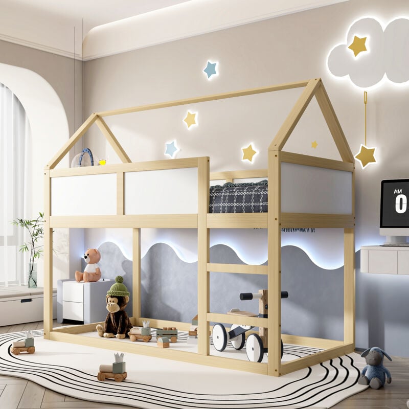 Redom - Lit superposé pour enfants 90x200cm, lit simple superposé bas, lit mezzanine avec escalier, cadre en bois massif, couleur bois