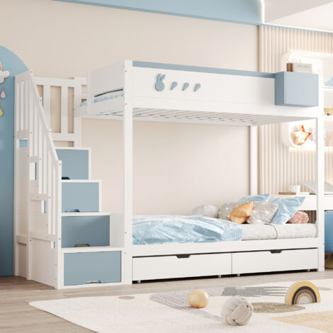 Lit superposé pour enfant 90200 cm, avec motifs lapins et carottes, compartiment de rangement amovible, échelle de rangement sécurisée, tiroirs, sommier à lattes, lit double, blanc + bleu