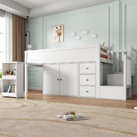 Lit superposé pour enfant 90x200 cm avec bureau escamotable et compartiment latéral, sans matelas, MDF