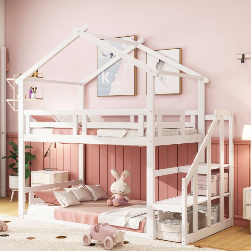 Eifson - Lit superposé pour enfant 90x200 cm, design maison avec escalier de sécurité, grille antichute, avec sommier à lattes, structure en bois