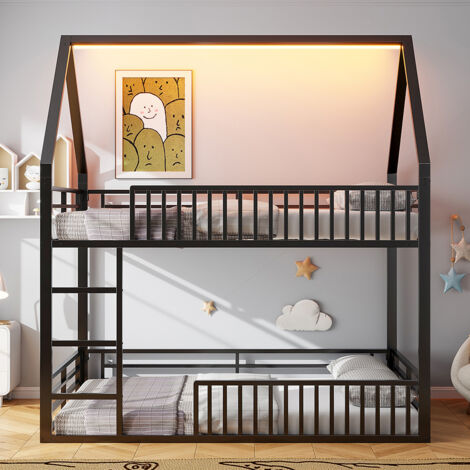 Lit superposé pour enfants 140 x 200 cm avec barrière de sécurité et éclairage LED, noir
