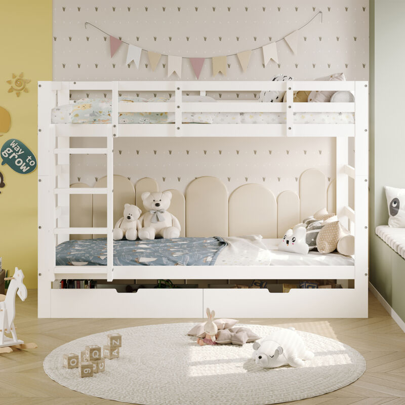 Lit superposé pour enfants 204x95x146,5 cm, blanc, style contemporain, avec 2 tiroirs et barrière de sécurité, convertible en 2 lits simples