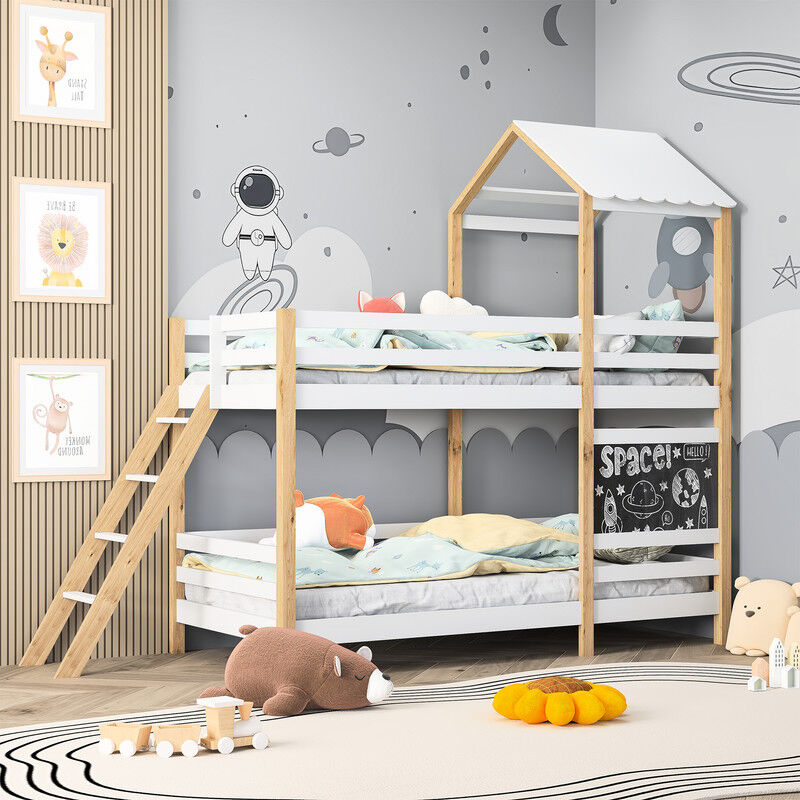 Blanketswarm - Lit Superposé pour enfants 90 x 200 cm, avec barrière, Lit superposé 2 places avec échelle, Lit mezzanine avec La plaque noire et