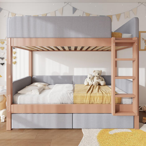 Lit superposé pour enfants 90 x 200 cm, avec échelle droite à quatre échelons et deux tiroirs, gris et bois naturel
