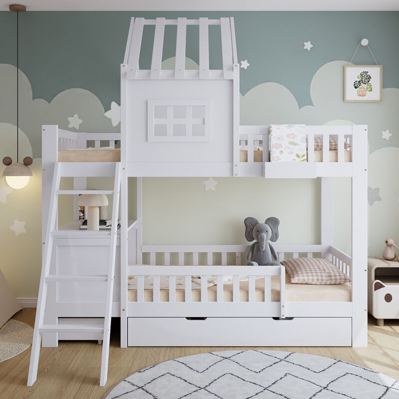 Lit superposé pour enfants 90 x 200 cm, avec toit, fenêtre, table de lecture et panier de rangement, blanc
