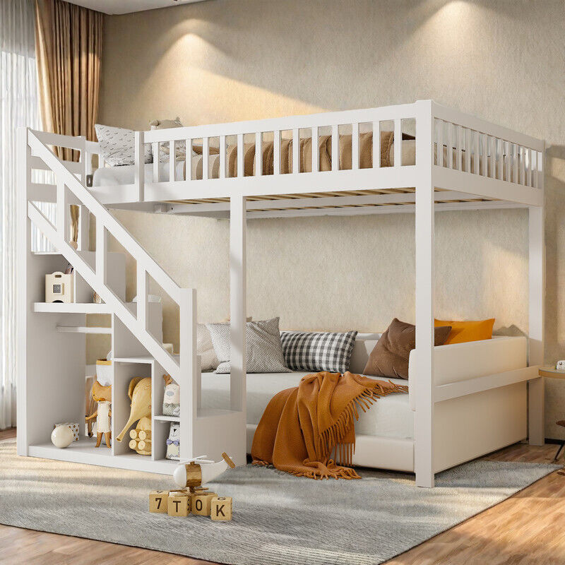 Lit superposé pour enfants 90 x 200 cm blanc–Lit ado–2 places avec escalier et rangement–Barrière antichute–Structure en bois massif–Design moderne