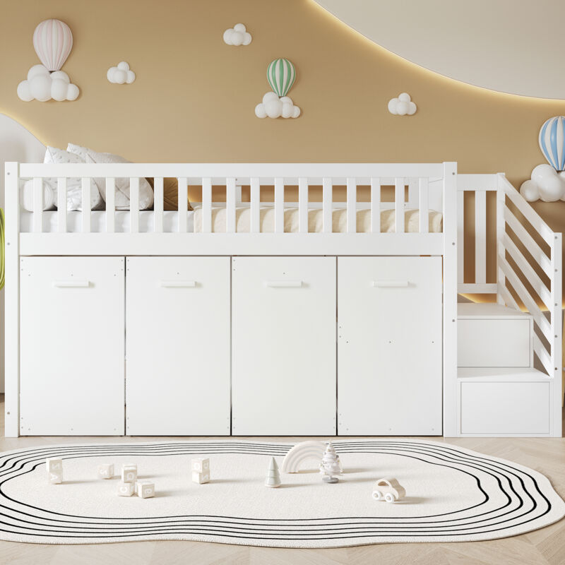 Lit superposé pour enfants 90x200 cm, avec garde-corps, bureauarmoirerangement, pin + mdf, blanc