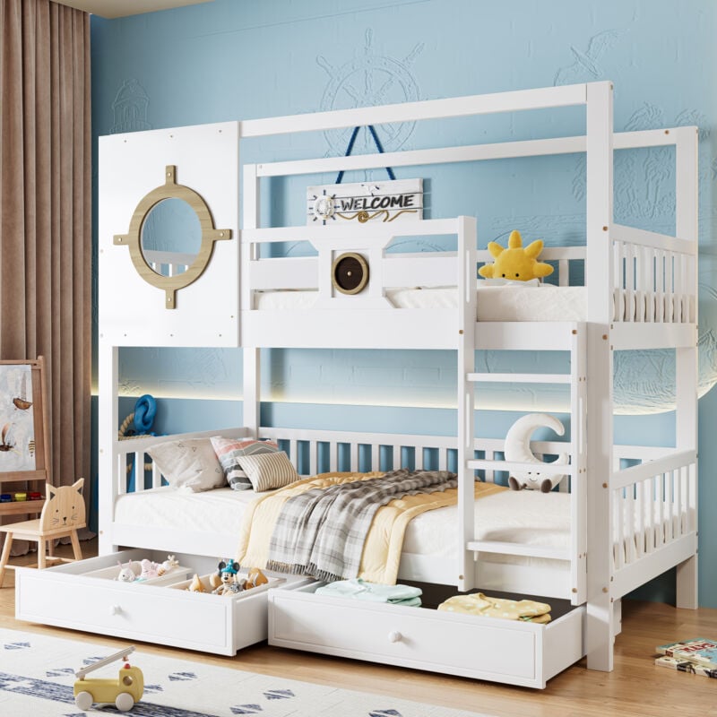 Gutent - Lit Superposé Pour Enfants 90x200 Cm, Avec Toit Et Fenêtre, Rails, Tiroirs, Blanc + Naturelles