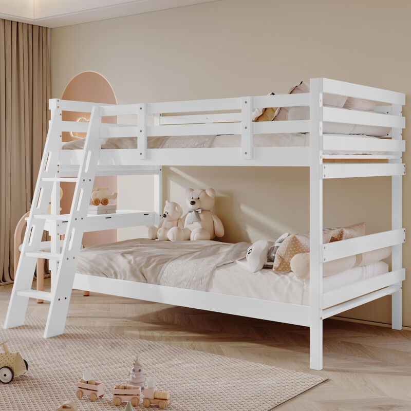 Lit superposé pour enfants, avec échelle à quatre marches, design de barrière de sécurité, avec bureau, pin + mdf, blanc, 90x200cm