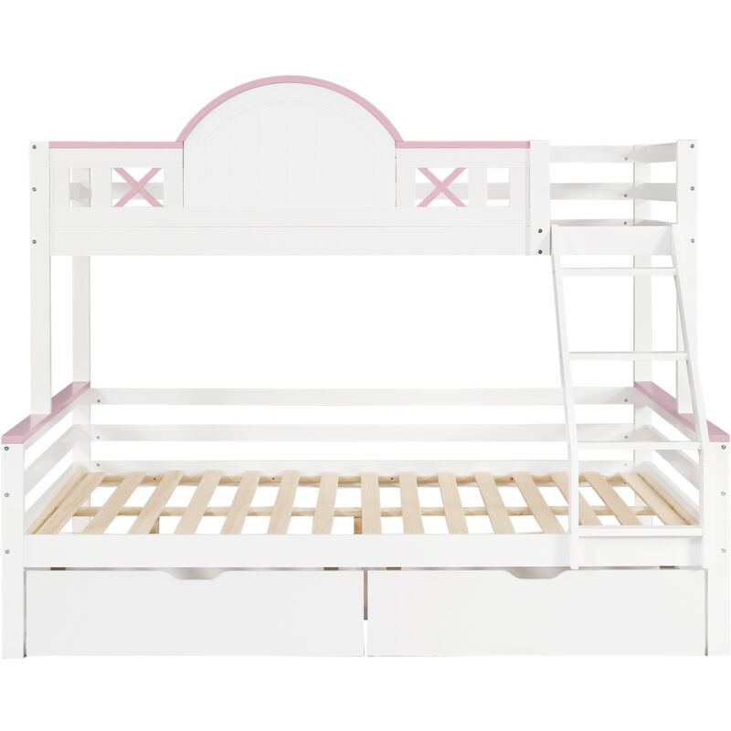 Lit superposé pour enfants avec porte de sécurité, deux tiroirs, avec fenêtre, forme de fenêtre, pin + mdf, blanc + rose, 90x200cm + 140x200cm