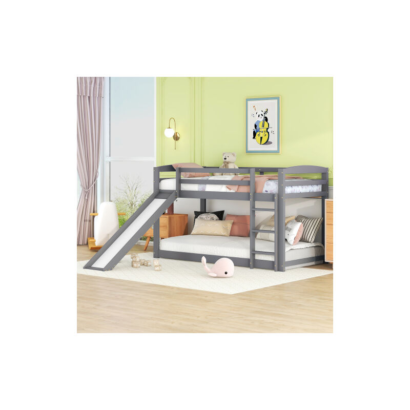 Okwish - Lit superposé 90x200 cm lit enfant avec toboggan, garde-corps et échelles, en bois massif, gris