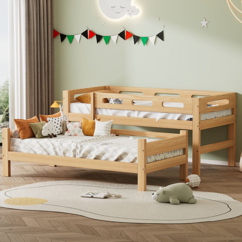 Okwish - Lit superposé 90x200cm lit enfant, divisé en 2 lits simples, cadre en pin robuste, montage facile, couleur naturel