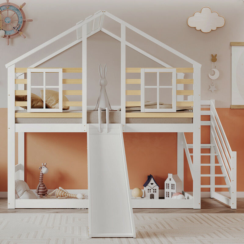Lit superposé pour enfants, lit cabane en bois, avec escalier, toboggan et fenêtre, blanc 90x200cm