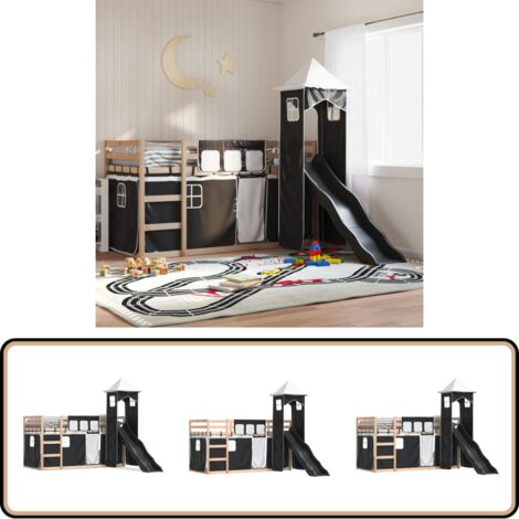 Lit superposé sans matelas avec toboggan blanc noir 90x190 cm - Lit Superpose - Lit Enfantine - Lit Design - Lit Avec Toboggan - Lit Bois