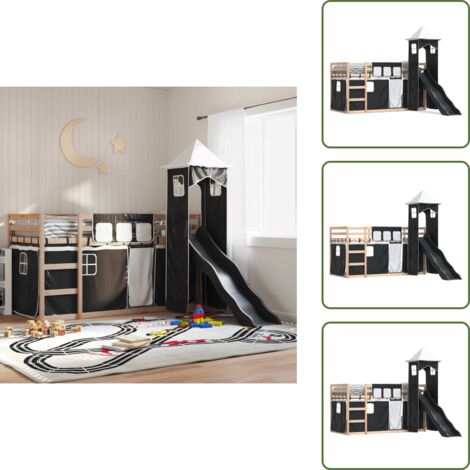 Lit superposé sans matelas avec toboggan blanc noir 90x190 cm - Lit Superpose - Lit Enfantine - Lit Design - Lit Avec Toboggan - Lit Bois