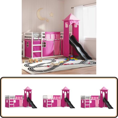 Lit superposé sans matelas avec toboggan et rideaux 90x190 cm - Lit Superpose - Lit Enfant - Lit Avec Toboggan - Lit Design - Meubles Enfant