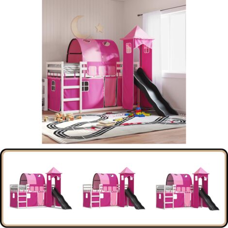 Lit superposé sans matelas avec toboggan et rideaux 90x190 cm - Lit Superpose - Lit Enfant - Lit Avec Toboggan - Lit Design - Mobilier Enfant