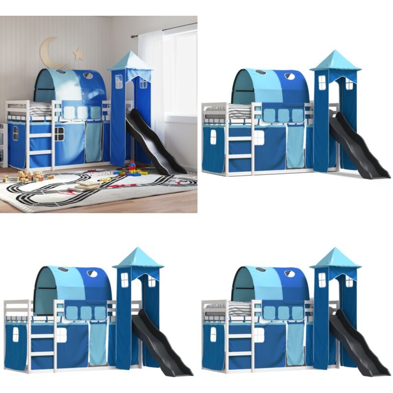 Lit superposé sans matelas avec toboggan et rideaux 90x190 cm - Lit Superpose - Lit Enfant - Lit Avec Toboggan - Lit Design - Mobilier Enfant - Home