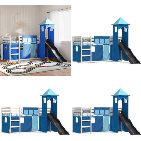 Lit superposé sans matelas avec toboggan et rideaux 90x190 cm - Lit Superpose - Lit Enfant - Lit Avec Toboggan - Meubles Enfant - Chambres D'enfants - Home & Living