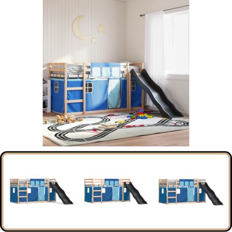 Lit superposé sans matelas avec toboggan et rideaux 90x190 cm - Lit Superpose - Lit Enfant - Lit Mezzanine - Lit Design - Lit Bois