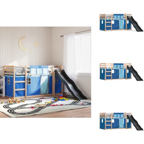 Lit superposé sans matelas avec toboggan et rideaux 90x190 cm - Lit Superpose - Lit Enfant - Lit Mezzanine - Lit Design - Lit Bois