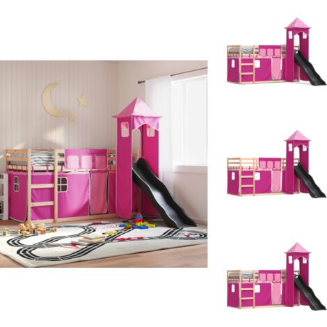 Lit superposé sans matelas avec toboggan et rideaux 90x190 cm - Lit Superpose - Lit Enfantine - Lit Design - Lit Bois - Lit Avec Toboggan